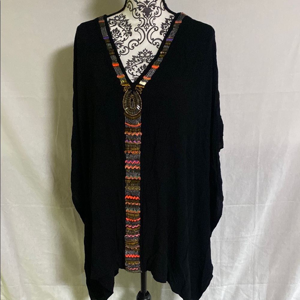 Swimsuits For All Black Coverup with Caften Jeweled Beaded Kimono Sleeve GUC